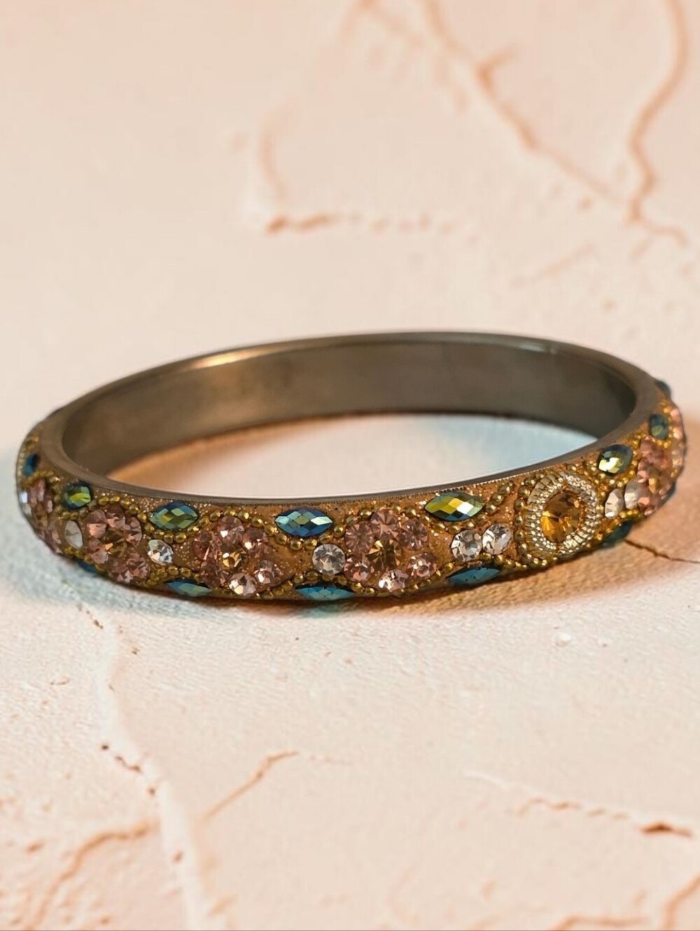 Vintage Encrusted Crystal Floral Bangle Bracelet Gold Tone 7.75”